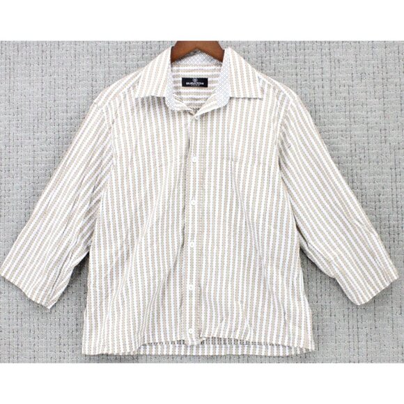 Bugatchi UOMO Shirt Mens Medium M Beige Striped Button Down Long Sleeve Collared - Picture 1 of 10